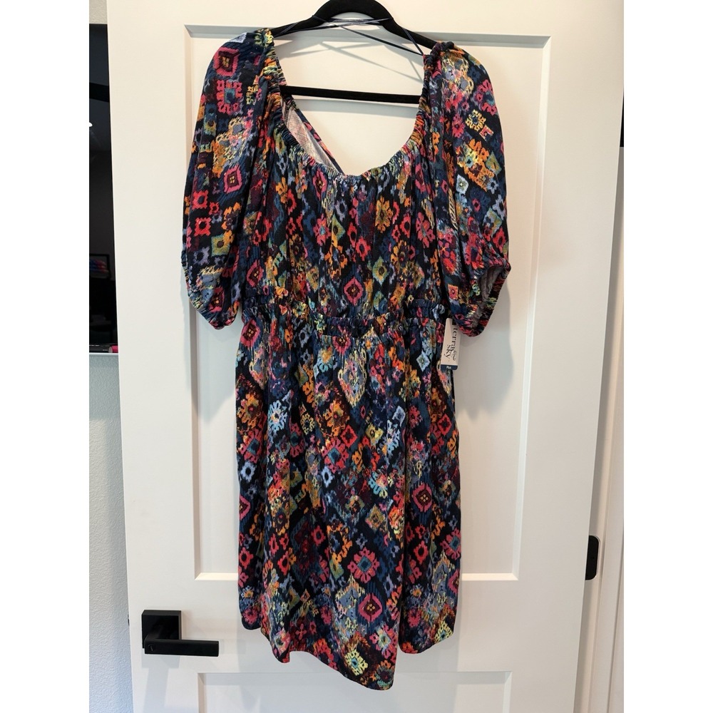 Boho Festival Terra & Sky Multicolor Puff Sleeve Tie Back Dress Women's 1X